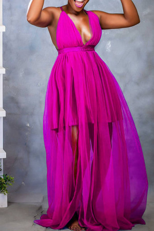 Rose Purple Fashion Sexy Solid Patchwork Backless V Neck Sling Dress