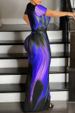 Blue Fashion Casual Print Slit With Belt V Neck Short Sleeve Dress
