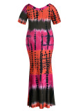 Rose Red Casual Print Patchwork V Neck Straight Plus Size Dresses