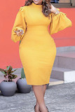 Yellow Fashion Casual Solid Hollowed Out O Neck Long Sleeve Dresses