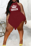 Burgundy Sexy Print Patchwork O Neck Plus Size Jumpsuits