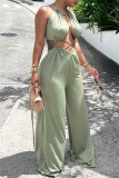 Light Green Sexy Casual Solid Bandage Hollowed Out O Neck Regular Jumpsuits