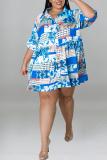 Blue Casual Print Patchwork Buckle Turndown Collar A Line Plus Size Dresses