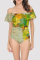 Black Green Fashion Casual Print Patchwork Backless Swimwears (Without Paddings)