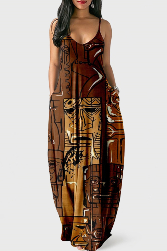 Coffee Sexy Graphic Print Floor Length Backless Sleeveless African Style Loose Cami Maxi Dress