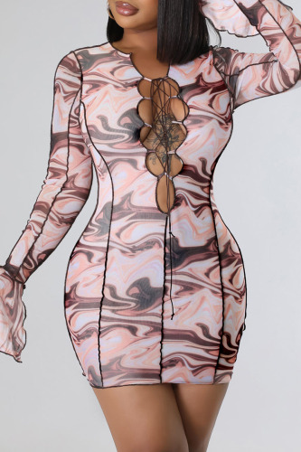 Pink Sexy Print Bandage Hollowed Out Patchwork V Neck Pencil Skirt Dresses