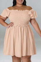 Apricot Casual Sweet Solid Patchwork Fold Off the Shoulder A Line Plus Size Dresses