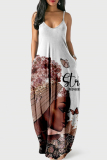 White Brown Sexy Graphic Print Floor Length Backless Sleeveless African Style Loose Cami Maxi Dress