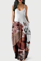 White Brown Fashion Sexy Print Backless Spaghetti Strap Long Dress