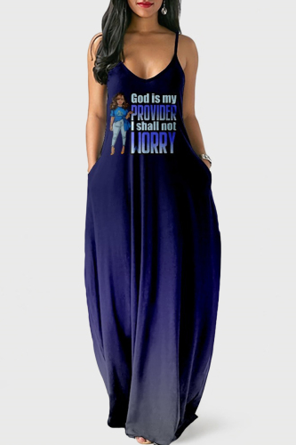 Deep Blue Sexy Graphic Print Floor Length Backless Sleeveless African Style Loose Cami Maxi Dress
