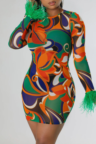 Green Sexy Print Patchwork Feathers O Neck Pencil Skirt Dresses