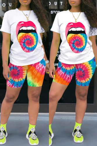 Red Fashion Casual Print Basic O Neck Short Sleeve Two Pieces