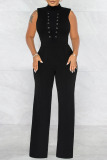 Black Casual Solid Bandage Patchwork O Neck Straight Jumpsuits