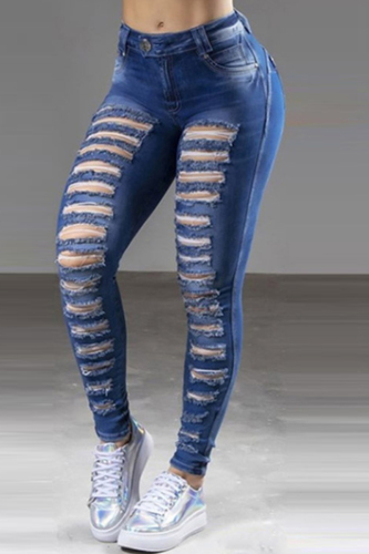 Dark Blue Fashion Casual Solid Ripped High Waist Skinny Denim Jeans