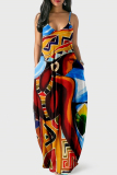 Blue Orange Sexy Graphic Print Floor Length Backless Sleeveless African Style Loose Cami Maxi Dress
