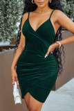 Ink Green Sexy Solid Patchwork Asymmetrical Spaghetti Strap Sling Dress Dresses