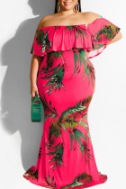 Rose Red Sexy Print Patchwork Flounce Off the Shoulder One Step Skirt Plus Size Dresses