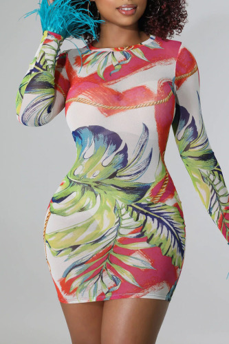White Sexy Print Patchwork Feathers O Neck Pencil Skirt Dresses