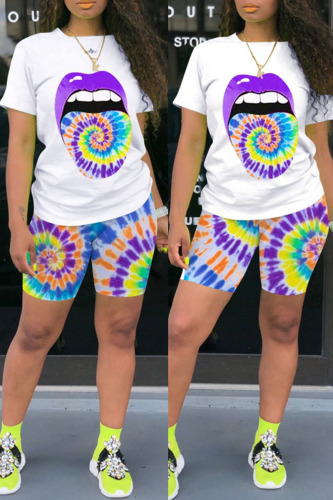 Purple Fashion Casual Print Basic O Neck Short Sleeve Two Pieces