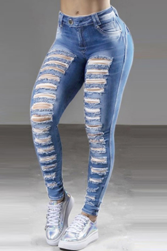 Baby Blue Fashion Casual Solid Ripped High Waist Skinny Denim Jeans