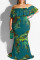 Green Sexy Print Patchwork Flounce Off the Shoulder One Step Skirt Plus Size Dresses
