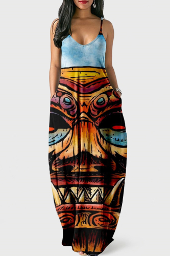 Blue Yellow Red Sexy Graphic Print Floor Length Backless Sleeveless African Style Loose Cami Maxi Dress