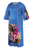 Blue Fashion Casual Plus Size Print Patchwork O Neck Long Dress