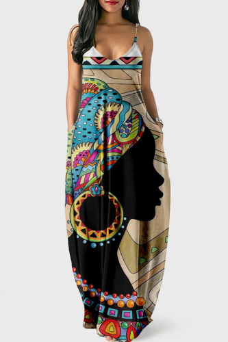 Apricot Sexy Graphic Print Floor Length Backless Sleeveless African Style Loose Cami Maxi Dress