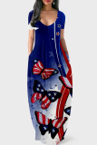 Dark Blue Flag Stars Print V Neck Colorblock Short Sleeve Floor Length Long Loose Maxi Dress