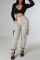 Grey Casual Solid Patchwork Draw String Pocket Regular High Waist Pencil Solid Color Bottoms