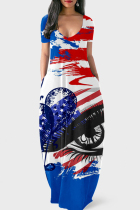 Red Blue Fashion Print Patchwork V Neck Short Sleeve Dress