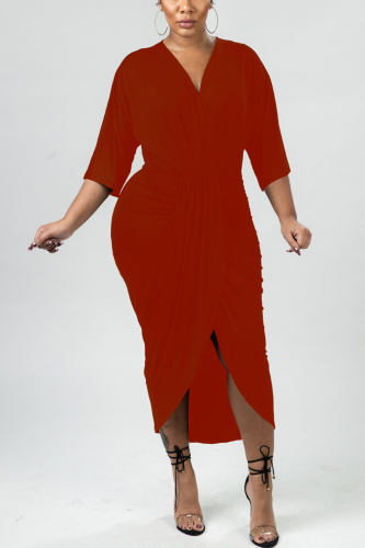 Red Casual Fashion adult Cap Sleeve 3/4 Length Sleeves V Neck Asymmetrical Mid-Calf Solid Patc