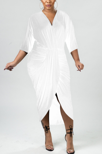White Casual Fashion adult Cap Sleeve 3/4 Length Sleeves V Neck Asymmetrical Mid-Calf Solid Patc