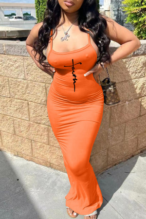 Orange Sexy Print Patchwork Spaghetti Strap One Step Skirt Dresses