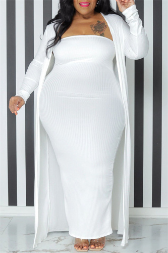 White Fashion Casual Solid Basic Strapless Dress Plus Size Two Pieces