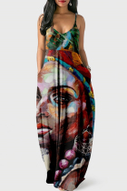 Multicolor Fashion Sexy Print Backless Spaghetti Strap Long Dress