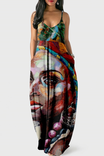 Multicolor Sexy Graphic Print Floor Length Backless Sleeveless African Style Loose Cami Maxi Dress
