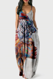 Light Gray Sexy Graphic Print Floor Length Backless Sleeveless African Style Loose Cami Maxi Dress