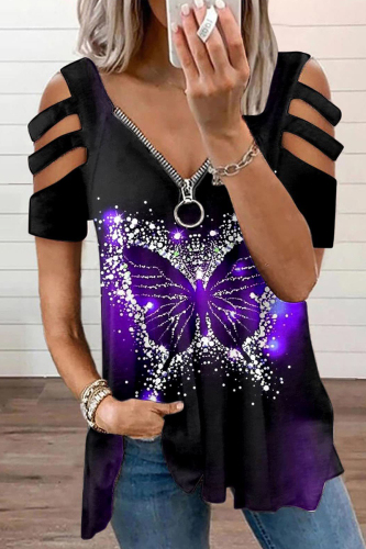 Purple Fashion Casual Print Hollowed Out Patchwork V Neck T-Shirts