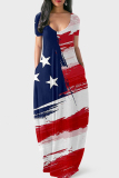 Blue Red Flag Stars Print V Neck Colorblock Short Sleeve Floor Length Long Loose Maxi Dress