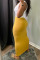 Yellow Sexy Print Hollowed Out Patchwork V Neck One Step Skirt Dresses