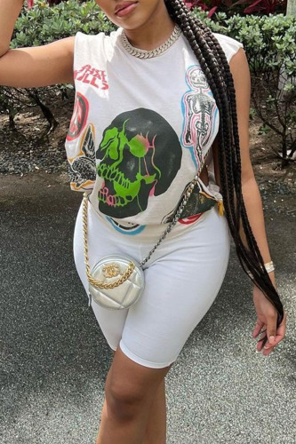 White Casual Street Print Patchwork O Neck Sleeveless Two Pieces