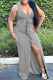 Grey Sexy Solid Slit Fold Stringy Selvedge U Neck Asymmetrical Dresses