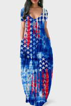 Blue Fashion Print Patchwork V Neck Short Sleeve Dress