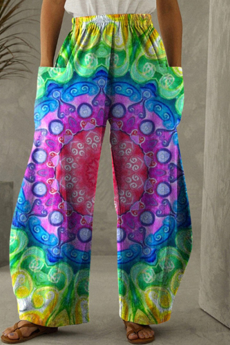 Rose Red Fashion Casual Print Tie Dye Patchwork Regular High Waist Trousers