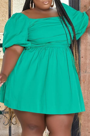 Green Fashion Casual Plus Size Solid Patchwork Square Collar Short Sleeve Dress