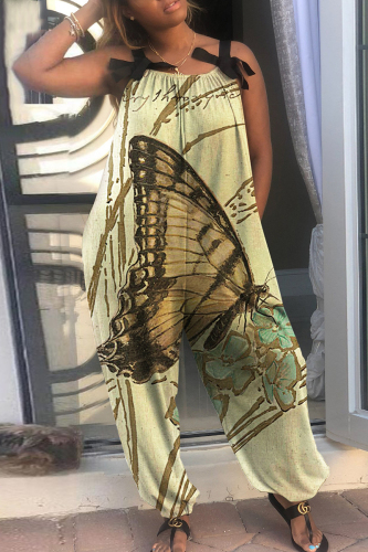 Apricot Fashion Casual Print Patchwork Backless Spaghetti Strap Regular Jumpsuits