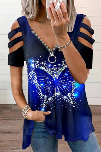 Blue Fashion Casual Print Hollowed Out Patchwork V Neck T-Shirts
