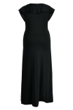 Black Fashion Casual Plus Size Solid Hollowed Out Slit V Neck Long Dress