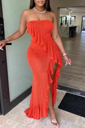Tangerine Sexy Solid Patchwork Flounce Asymmetrical Strapless Strapless Dress Dresses